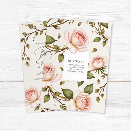 Romantic bridal shower invitation with soft blush roses and greenery in a vintage floral design, printed on premium cardstock. Back