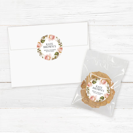 Custom bridal shower stickers featuring soft blush roses and greenery, perfect for favor bags, gifts, and envelope seals.