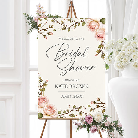 Bridal shower welcome sign featuring soft blush roses and greenery, printed on high-quality material for a vintage floral-themed event.