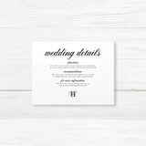 Black and white wedding detail card with simple serif font for printed event information