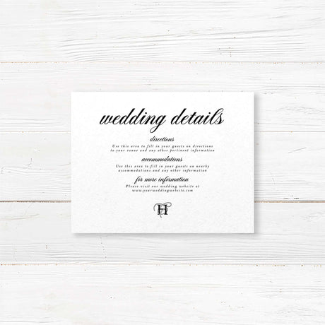 Black and white wedding detail card with simple serif font for printed event information