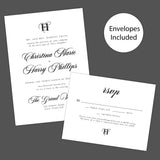Elegant black and white wedding invitation with entwined initials monogram and formal typography - invite and RSVP