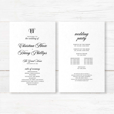 Elegant wedding ceremony program in black and white with monogram and formal fonts
