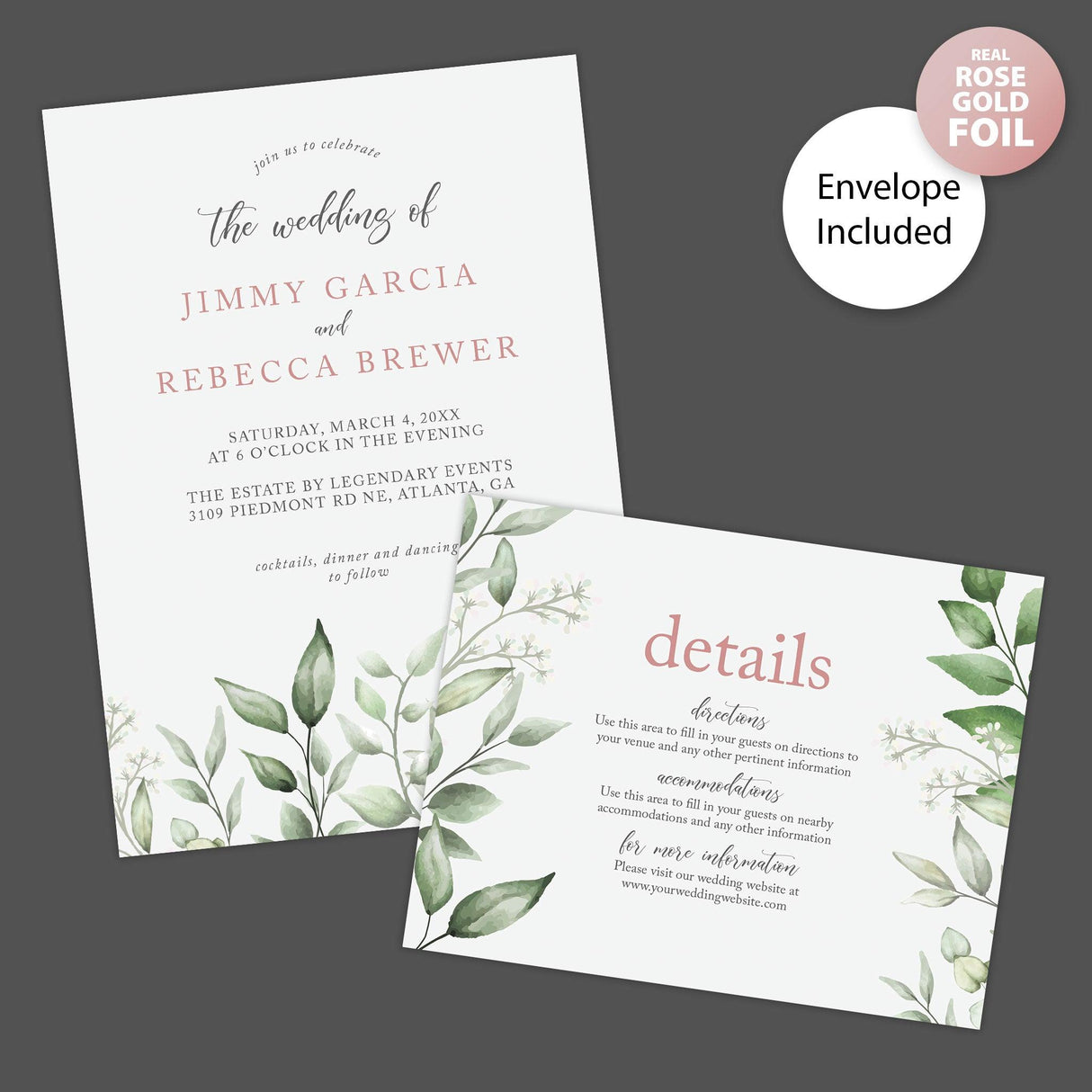 Faded Eucalyptus Leaves Foil Invitation - goprintplus