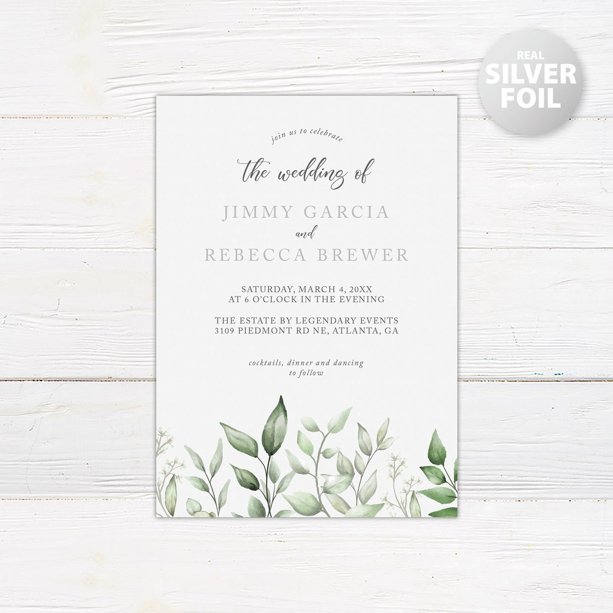 Faded Eucalyptus Leaves Foil Invitation - goprintplus