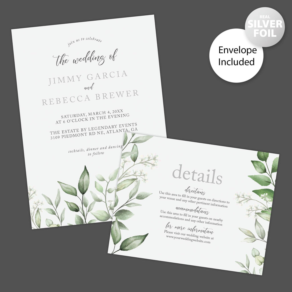 Faded Eucalyptus Leaves Foil Invitation - goprintplus