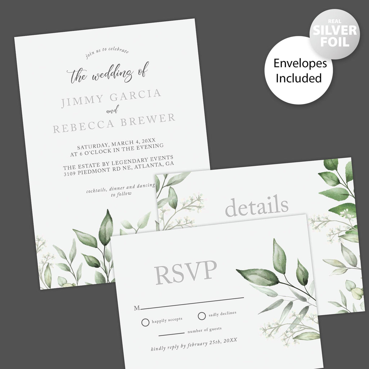 Faded Eucalyptus Leaves Foil Invitation - goprintplus