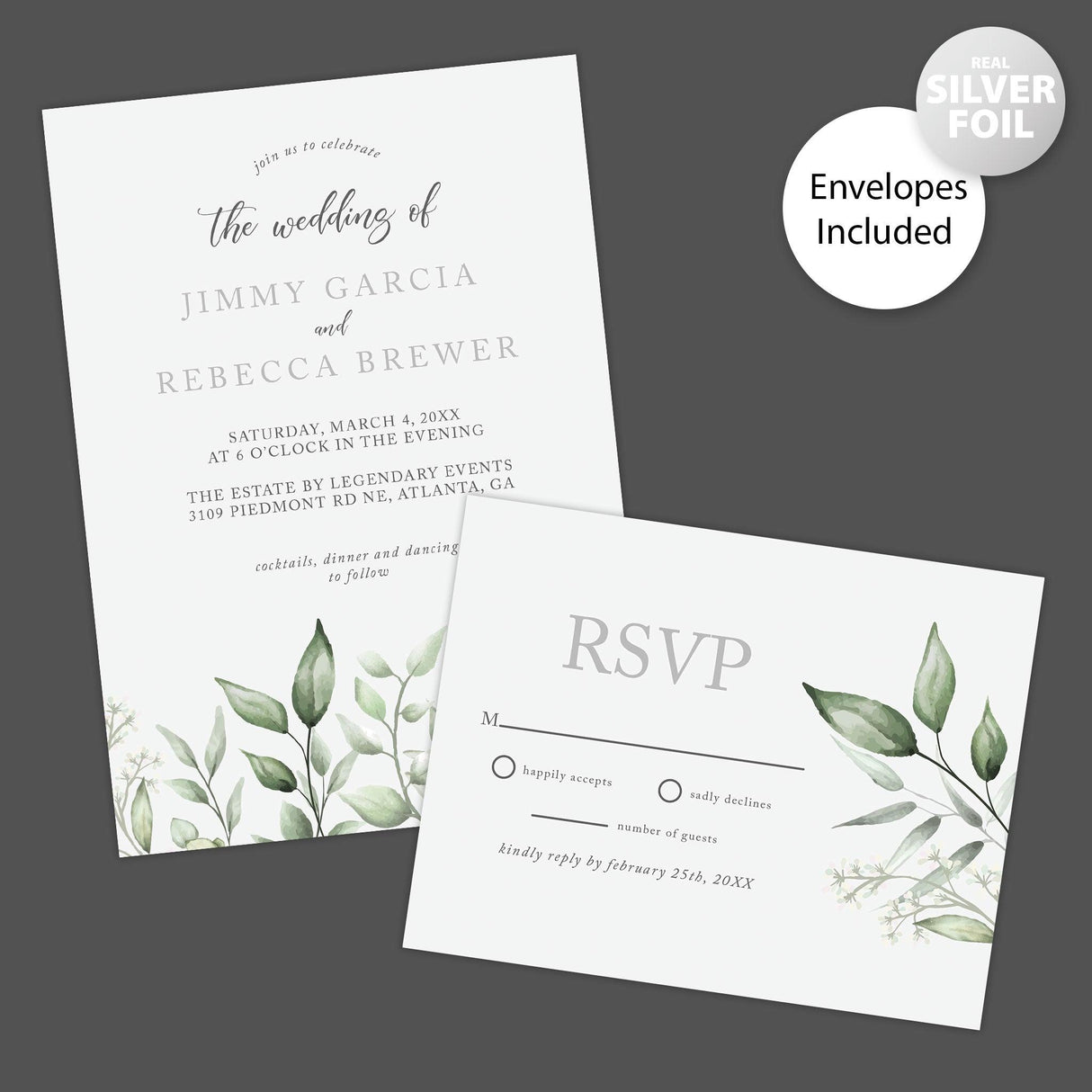 Faded Eucalyptus Leaves Foil Invitation - goprintplus