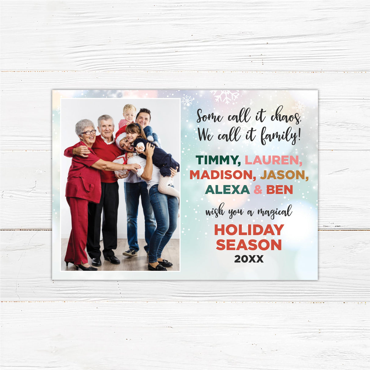 Family Names Holiday Card featuring a family photo with playful colorful typography for each family member's name.