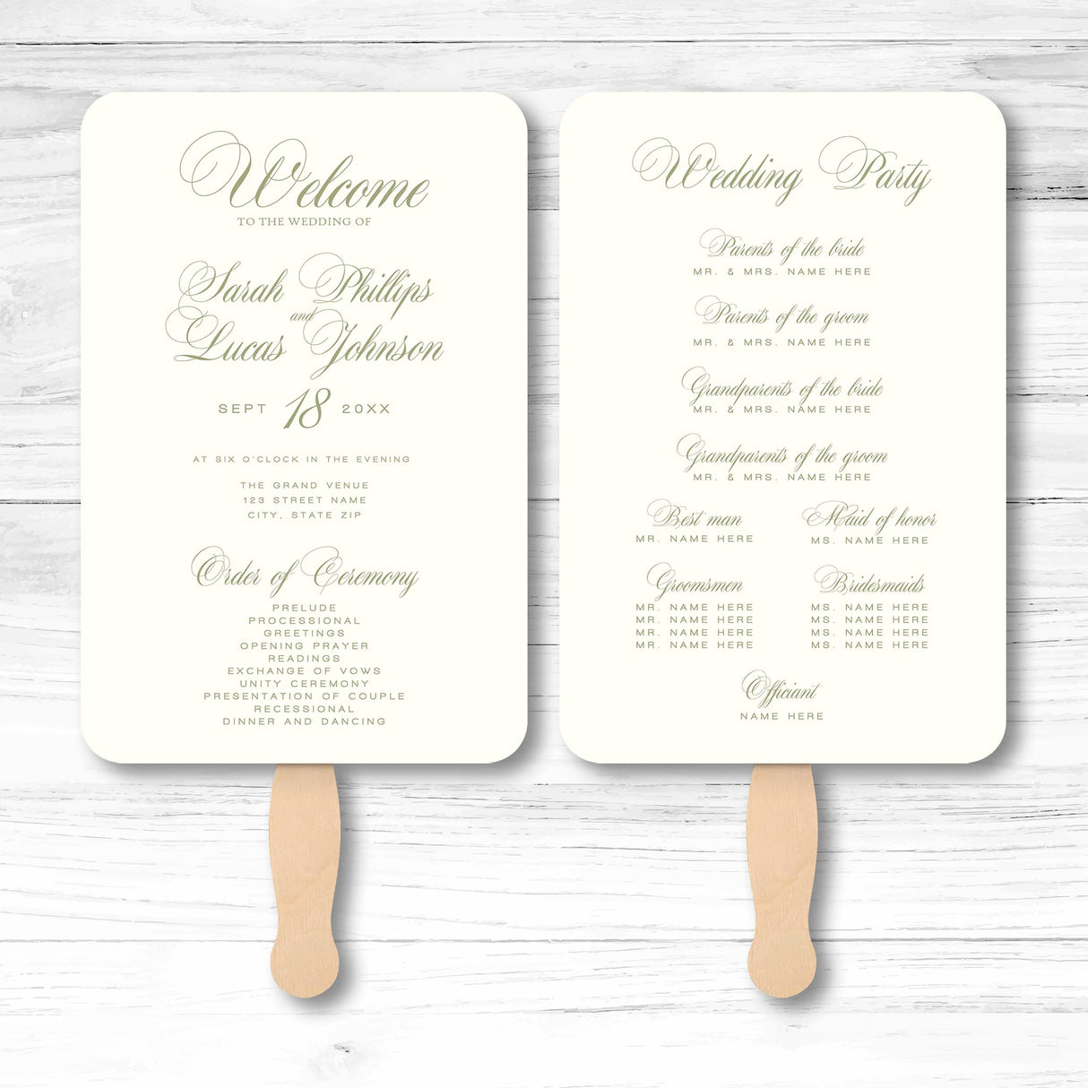 Elegant wedding or event program fans featuring a beautifully designed welcome and wedding party section.