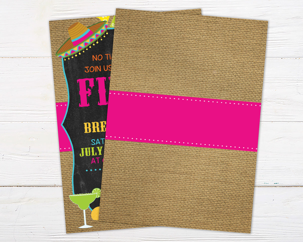 Fiesta Birthday Invitation with vibrant colors and Mexican-inspired design featuring a chalkboard and burlap background for a party.