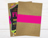 Fiesta Birthday Invitation with vibrant colors and Mexican-inspired design featuring a chalkboard and burlap background for a party.