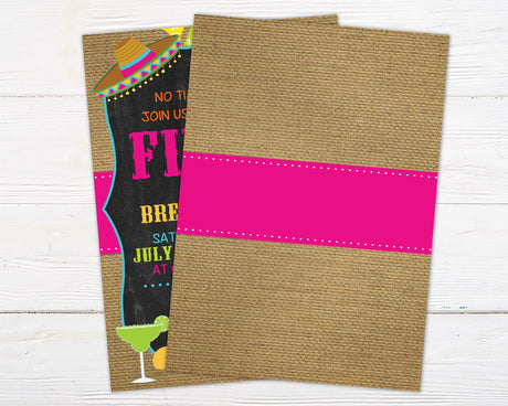 Fiesta Birthday Invitation with vibrant colors and Mexican-inspired design featuring a chalkboard and burlap background for a party.