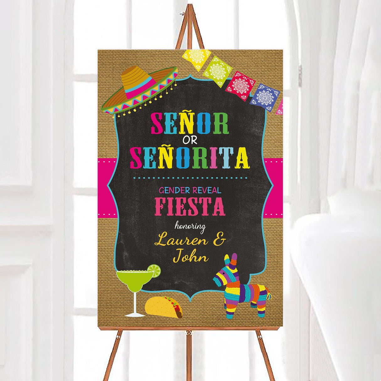 A colorful fiesta gender reveal welcome sign with fiesta-themed graphics and bold text. The design features bright decorations and playful illustrations.
