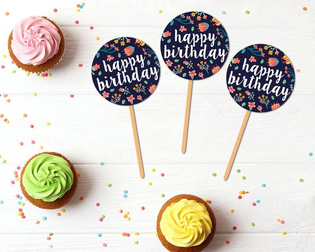 Floral Birthday Cupcake Topper - goprintplus