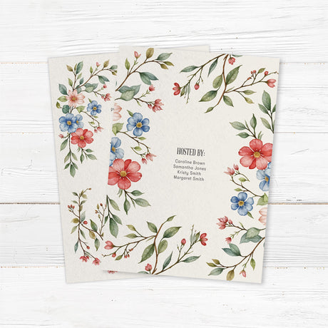 Elegant bridal shower invitation featuring red, blue, and blush watercolor flowers with greenery, printed on premium cardstock. Back