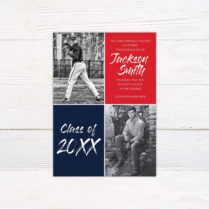 Four Panel graduation invitation with black and white senior portraits and Class of 20XX announcement. - Black Red