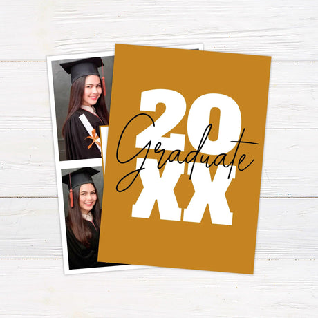 Graduation invitation featuring a four-photo collage layout with a central text box displaying the graduation year and event details. The design includes customizable school colors and elegant typography. Perfect for announcing a graduate’s special milestone. Back side includes additional photo options. Back Gold.