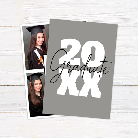 Graduation invitation featuring a four-photo collage layout with a central text box displaying the graduation year and event details. The design includes customizable school colors and elegant typography. Perfect for announcing a graduate’s special milestone. Back side includes additional photo options. Back Black.