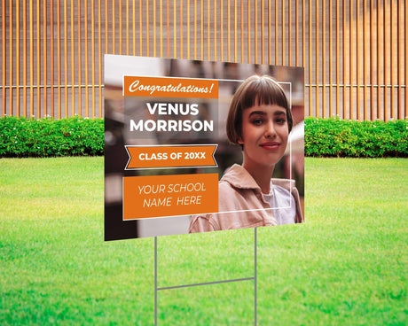 Custom graduation yard sign with a full-photo design, featuring a bold orange and white layout, personalized graduate’s name, class year, and school name. Printed on durable Coreplast plastic, available in custom colors and single or double-sided print, perfect for high school and college graduates.