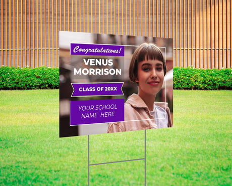 Custom graduation yard sign with a full-photo design, featuring a bold purple and white layout, personalized graduate’s name, class year, and school name. Printed on durable Coreplast plastic, available in custom colors and single or double-sided print, perfect for high school and college graduates.