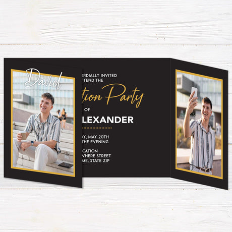 Custom gatefold graduation invitation with six photos, customizable colors, and a modern, stylish design. Personalized folded grad announcement.