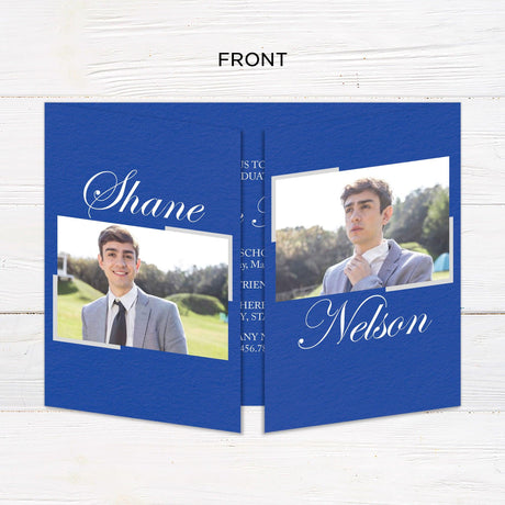 Customizable gatefold graduation invitation featuring five photos and a bold, elegant layout. The front highlights the graduate’s name and year, and the inside provides space for event details. Personalize the colors to match school or personal preferences. Front.