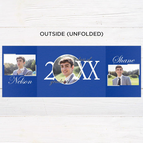 Customizable gatefold graduation invitation featuring five photos and a bold, elegant layout. The front highlights the graduate’s name and year, and the inside provides space for event details. Personalize the colors to match school or personal preferences. Outside Unfolded.