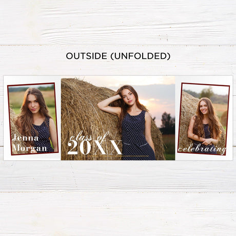 Customizable gatefold graduation invitation with four photos and a sophisticated design. Perfect for graduation parties and announcements. Outside Unfolded.