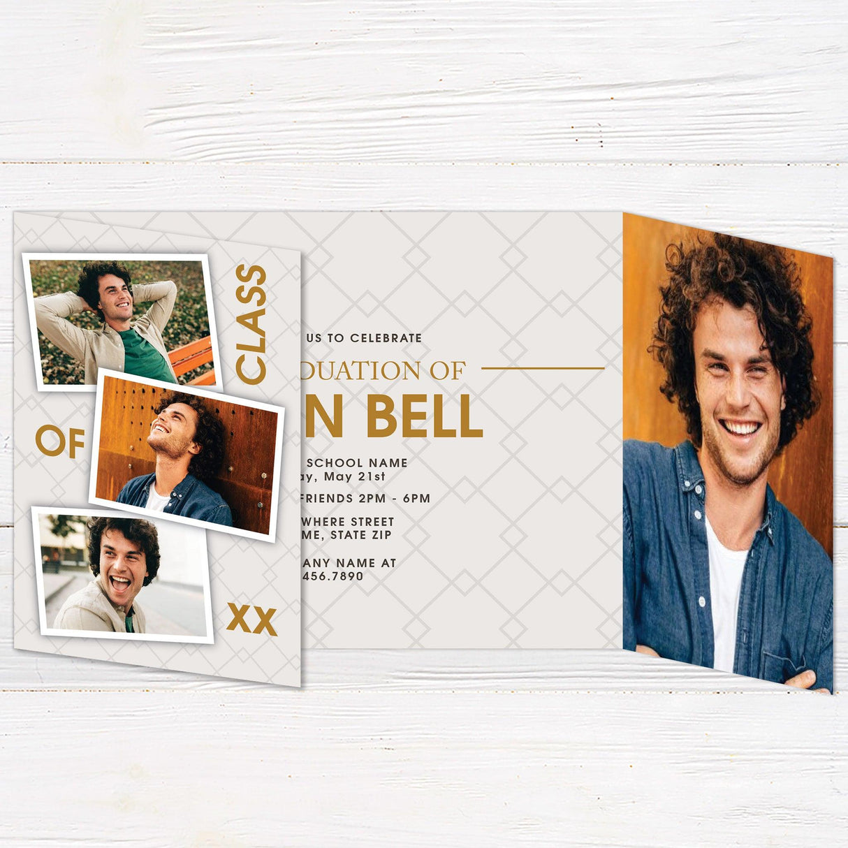 Custom gatefold graduation invitation with nine photos, customizable colors, and a unique fold-out design. Personalized grad announcement card.