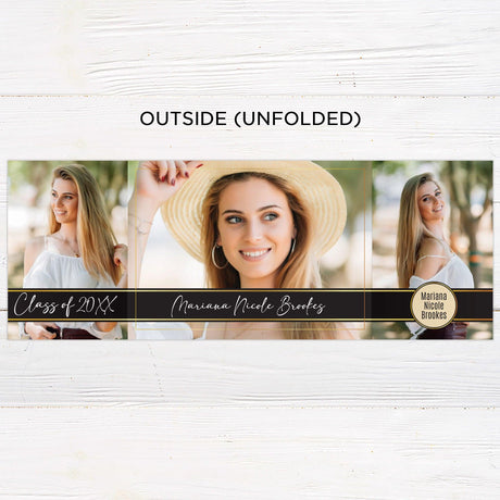 Custom gatefold graduation invitation with five photos and customizable colors. Elegant and modern graduation party announcement. Outside Unfolded.