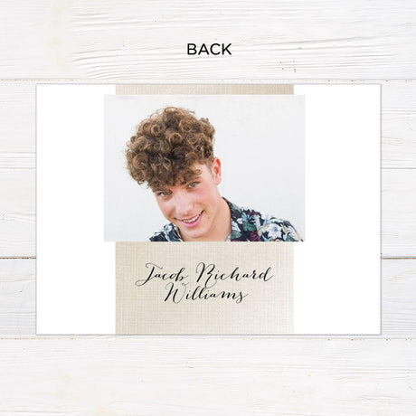 Customizable gatefold graduation invitation with four photos, elegant linen texture, and personalized details. Modern and stylish graduation announcement with fold-out design. Back.