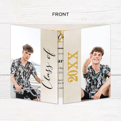 Customizable gatefold graduation invitation with four photos, elegant linen texture, and personalized details. Modern and stylish graduation announcement with fold-out design. Front.