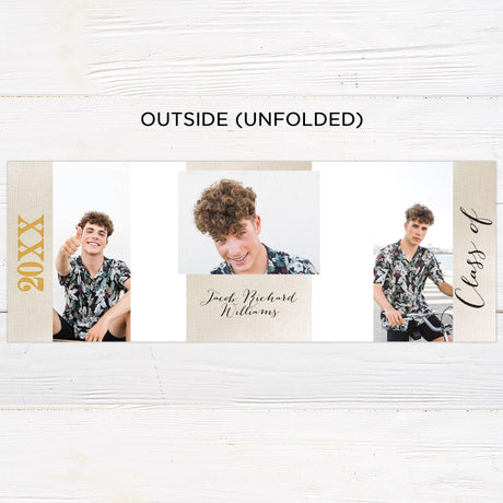 Customizable gatefold graduation invitation with four photos, elegant linen texture, and personalized details. Modern and stylish graduation announcement with fold-out design. Outside Unfolded