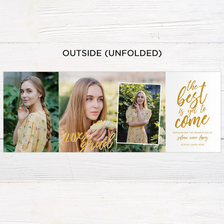 Customizable gatefold graduation invitation with four photos and a modern, elegant design. Features a fold-out layout with space for personal details and images. Available in various colors to match any theme. Back Unfolded