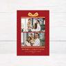 Gift Box Christmas card with red background, golden bow illustration, two family photo placements, and personalized holiday greeting text.