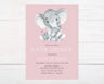 Baby shower invitation with watercolor-style baby elephant design and personalized event details, professionally printed on high-quality cardstock