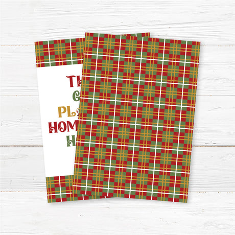 Plaid holiday card with festive gnome illustration and the phrase “There’s Gnome Place Like Home for the Holidays” back side