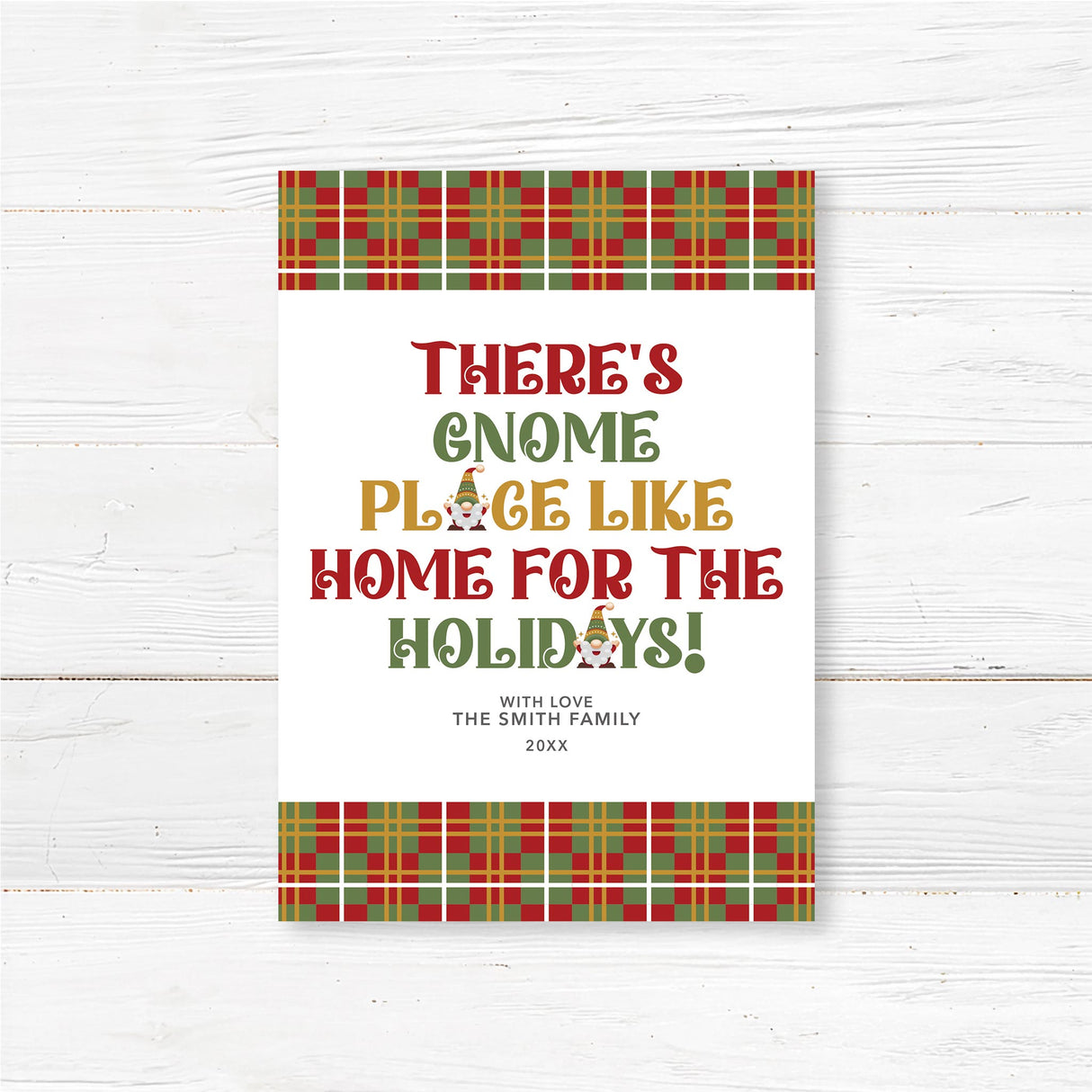 Plaid holiday card with festive gnome illustration and the phrase “There’s Gnome Place Like Home for the Holidays”