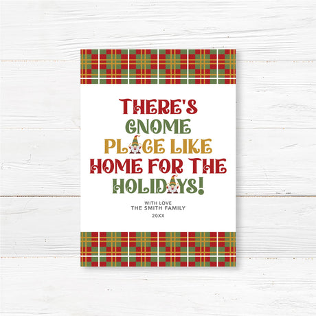 Plaid holiday card with festive gnome illustration and the phrase “There’s Gnome Place Like Home for the Holidays”