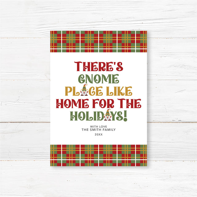 Plaid holiday card with festive gnome illustration and the phrase “There’s Gnome Place Like Home for the Holidays”