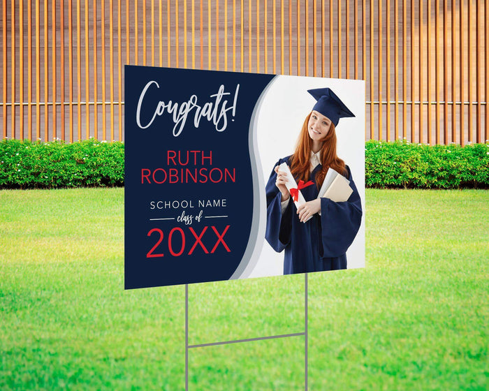 Custom personalized congrats graduation yard sign with a photo, featuring a luxurious red and black design, personalized graduate’s name, class year, and school name. Printed on durable Coreplast plastic, available in custom colors and single or double-sided print, perfect for high school and college graduates.