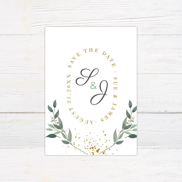 Gold Flake Greenery Save The Date - goprintplus