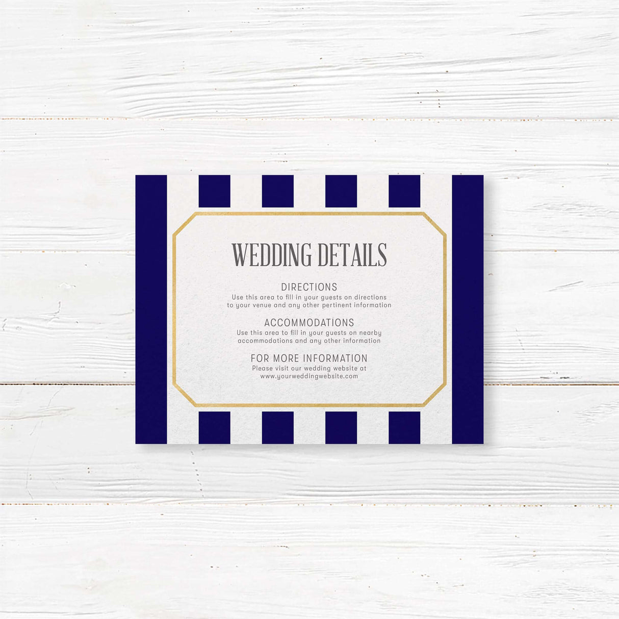Wedding detail card with navy stripes, gold border, and serif fonts on white background