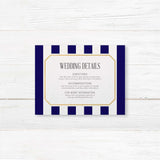 Wedding detail card with navy stripes, gold border, and serif fonts on white background