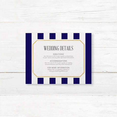 Wedding detail card with navy stripes, gold border, and serif fonts on white background