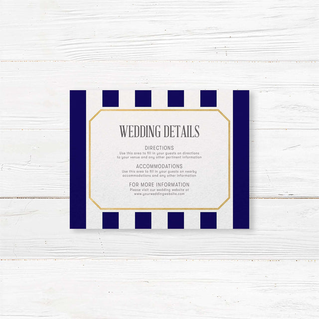 Wedding detail card with navy stripes, gold border, and serif fonts on white background