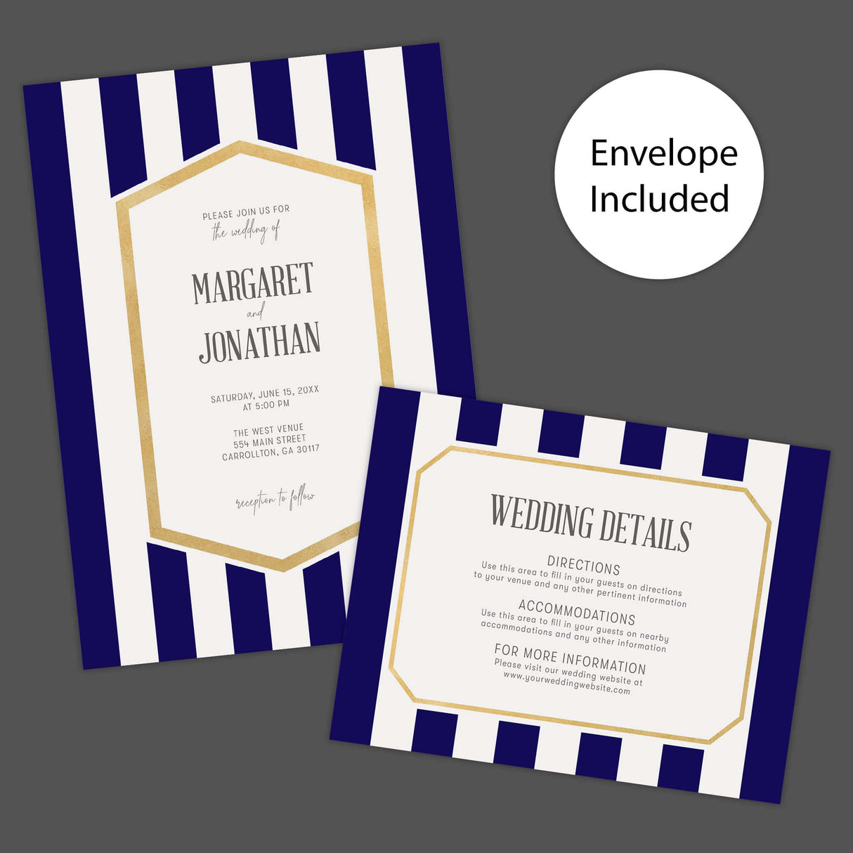 Wedding invitation with navy blue stripes, gold border, and modern white center panel with serif and handwritten fonts Invite and Details
