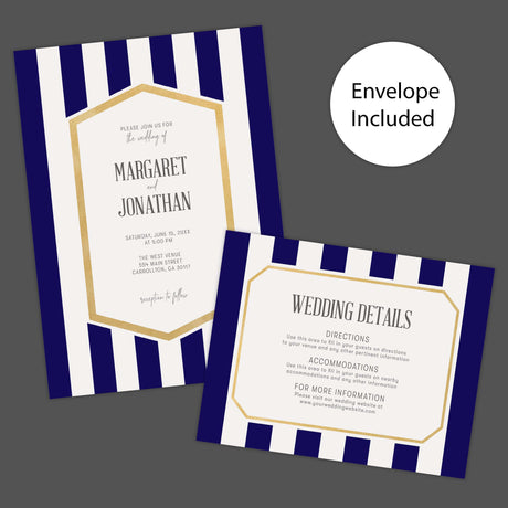 Wedding invitation with navy blue stripes, gold border, and modern white center panel with serif and handwritten fonts Invite and Details