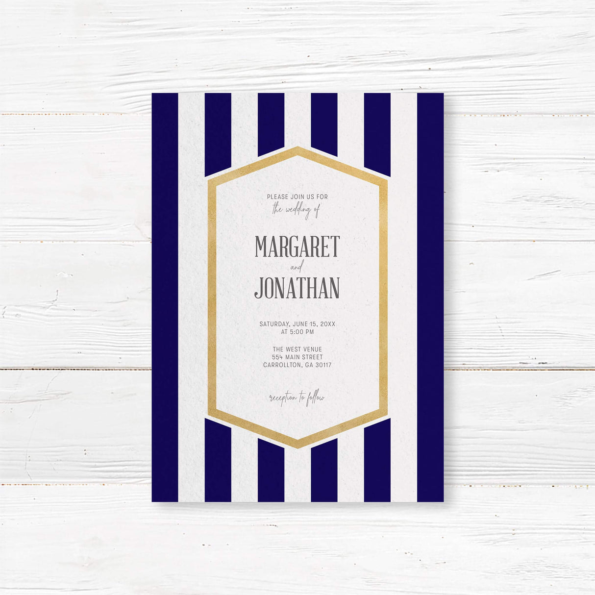 Wedding invitation with navy blue stripes, gold border, and modern white center panel with serif and handwritten fonts